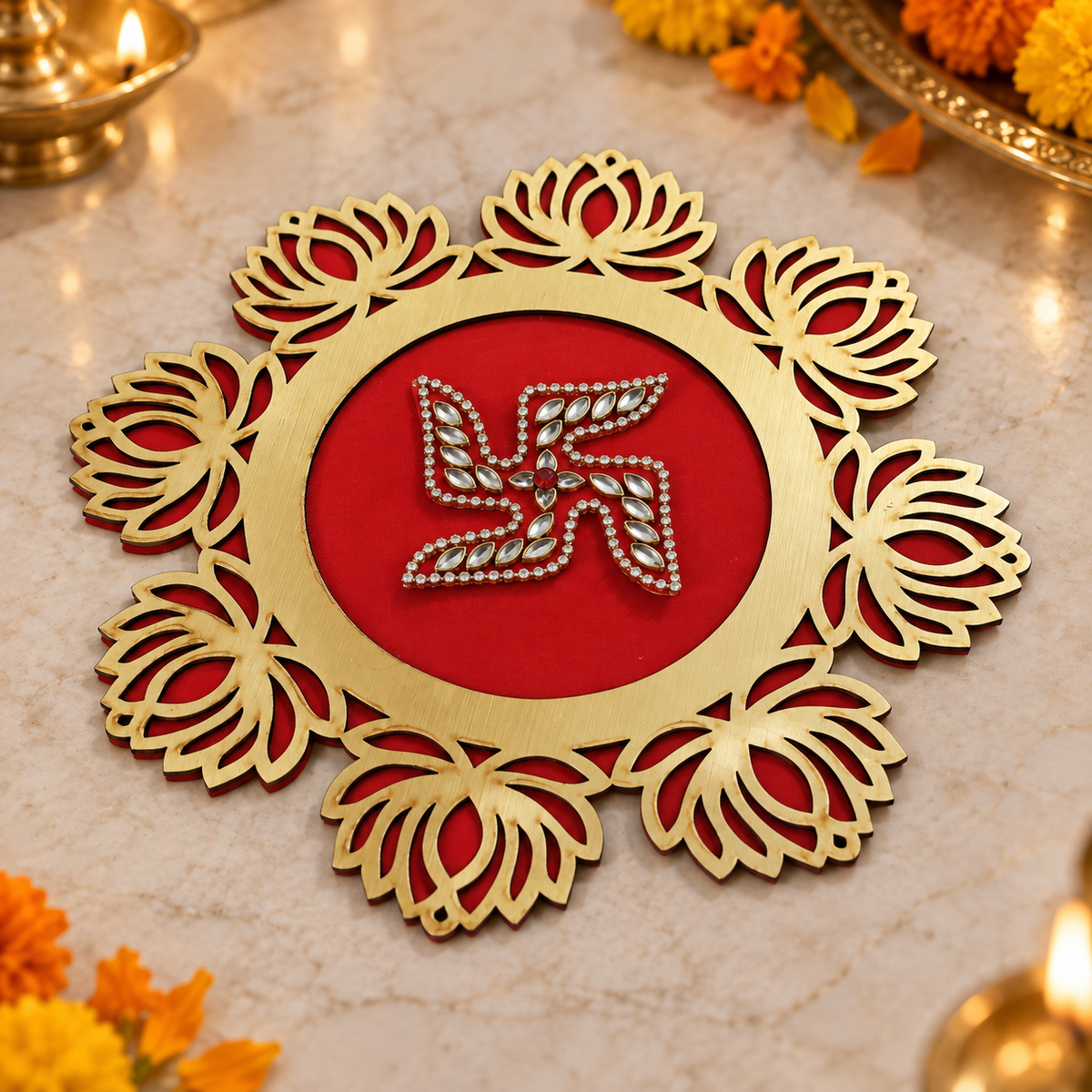 Red Lotus Swastik Rangoli diagonal view