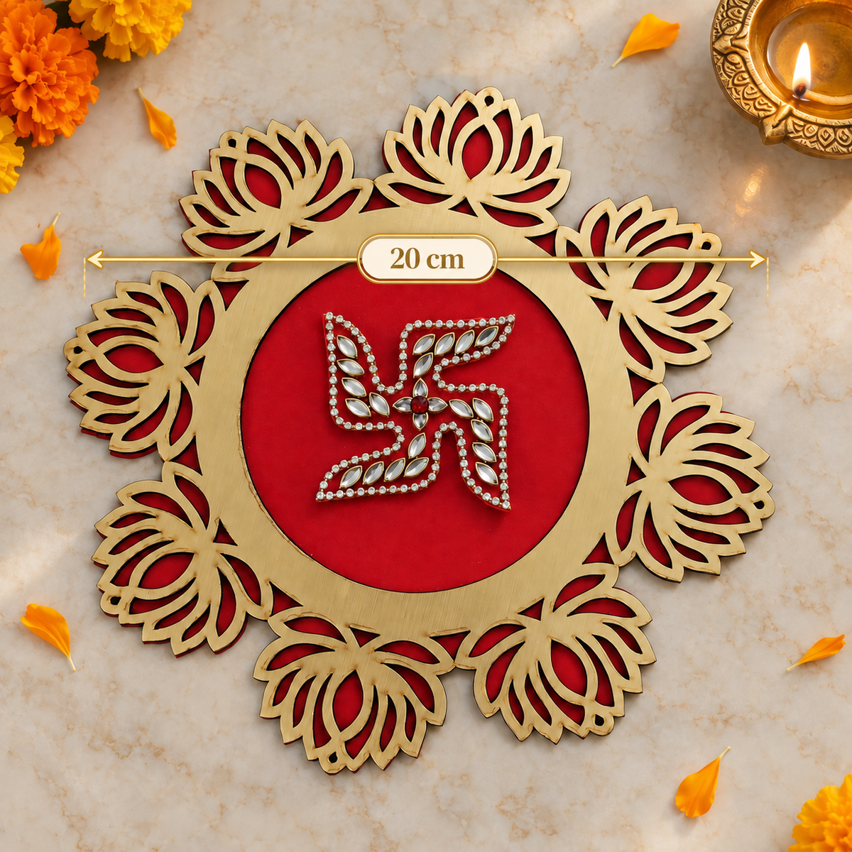 Red Lotus Swastik Rangoli 20 cm measurement