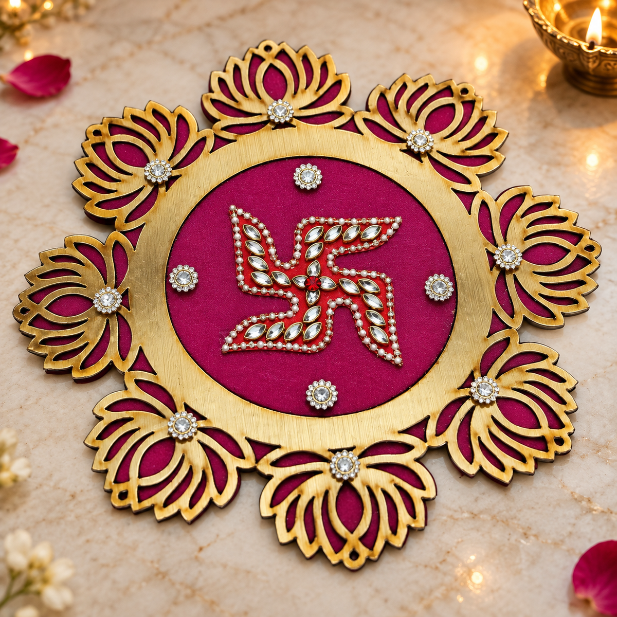 Crystal Lotus Swastik Rangoli detail view