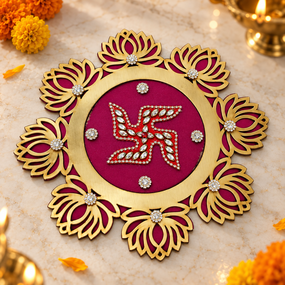 Crystal Lotus Swastik Rangoli diagonal view