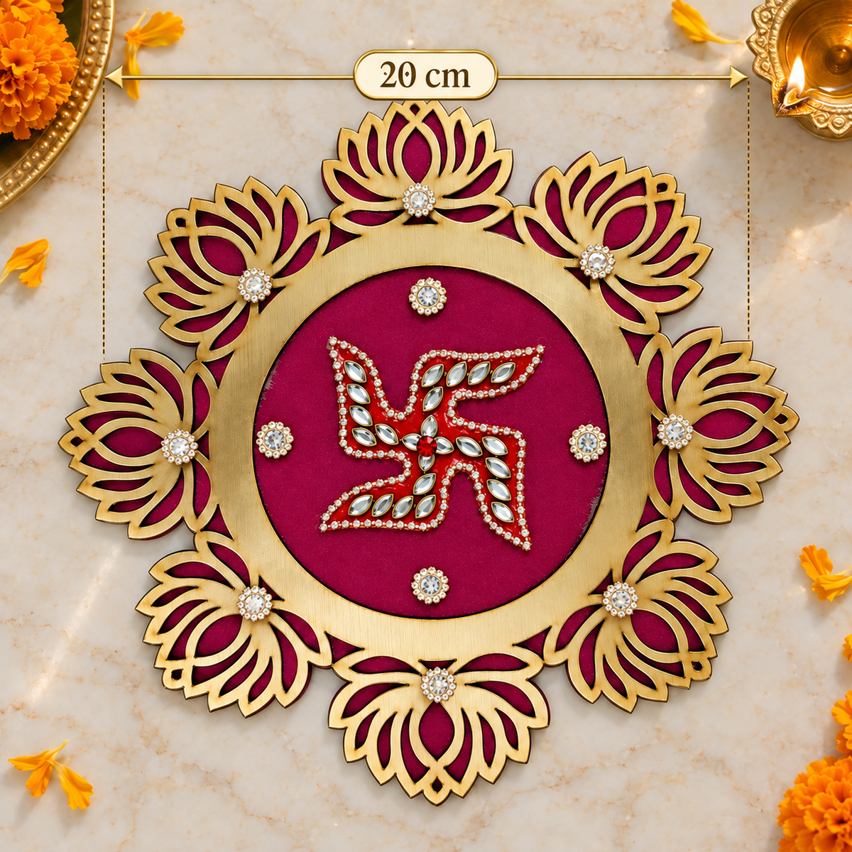Crystal Lotus Swastik Rangoli 20 cm measurement