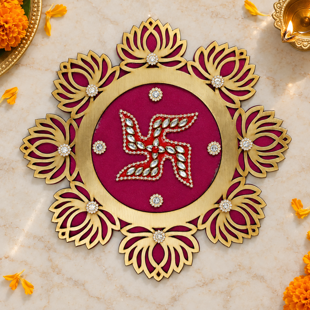 Crystal Lotus Swastik Rangoli overhead view