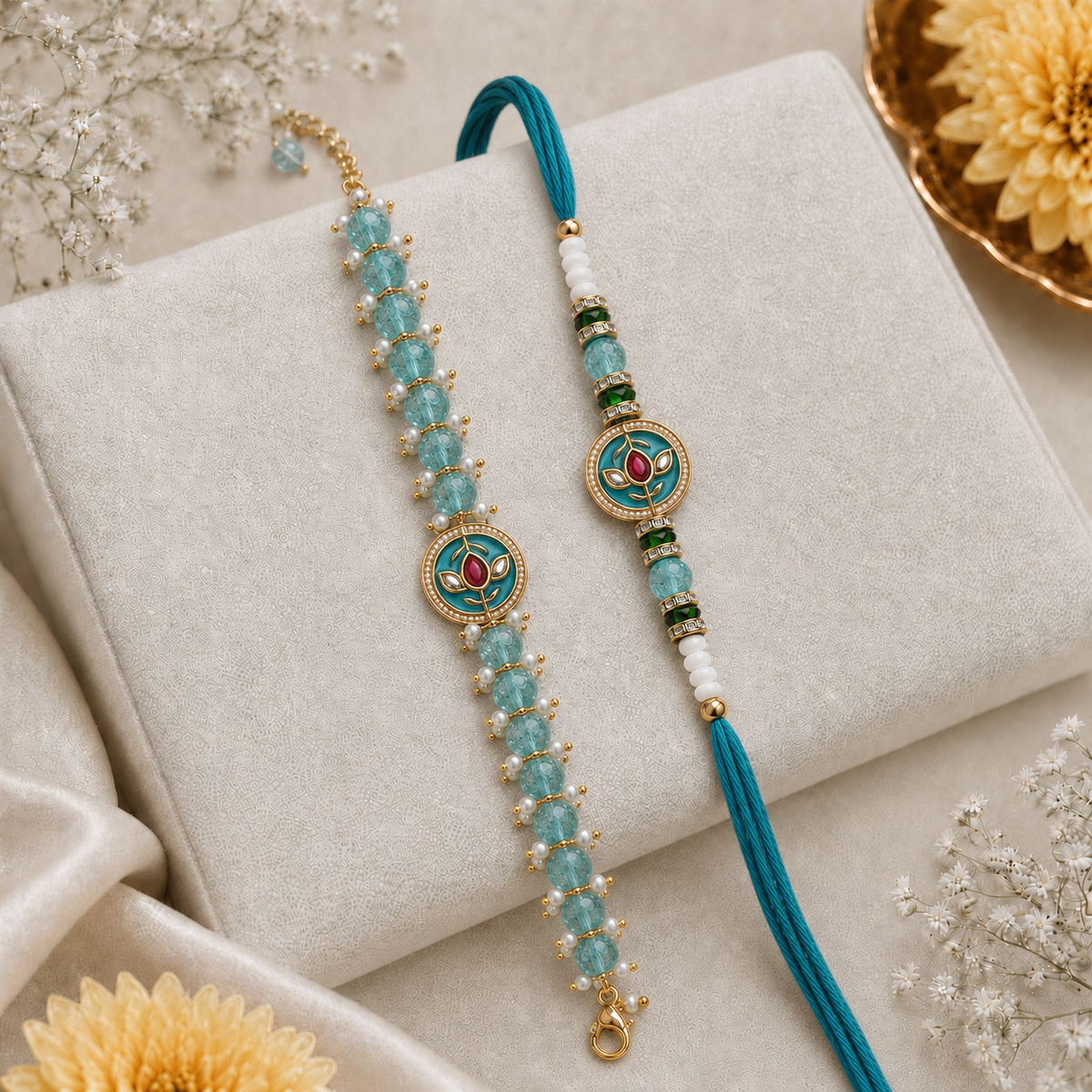 Teal Lotus Meenakari Rakhi & Crystal Bead Bracelet Set for Brother - image 1