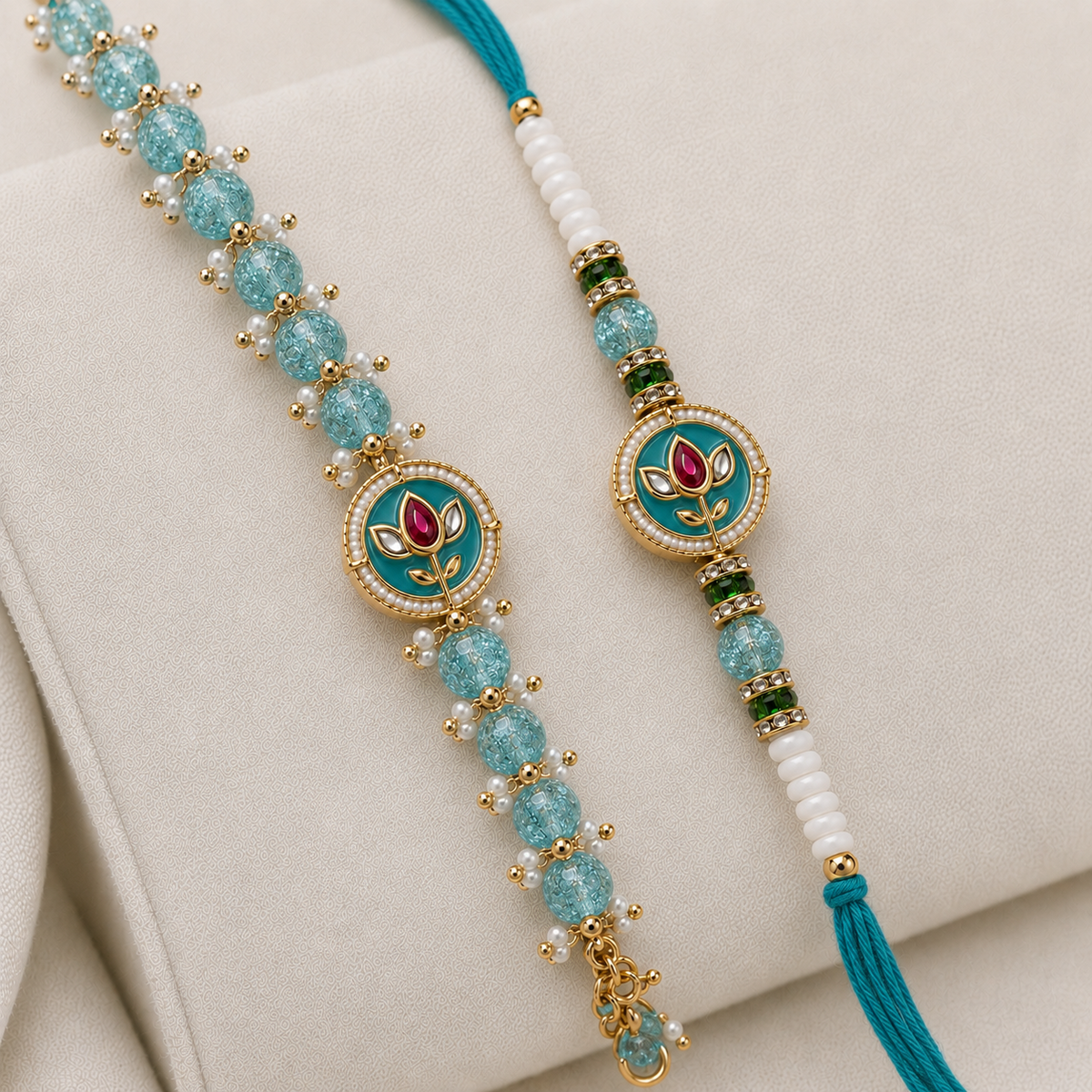 Teal Lotus Meenakari Rakhi & Crystal Bead Bracelet Set for Brother - image 2