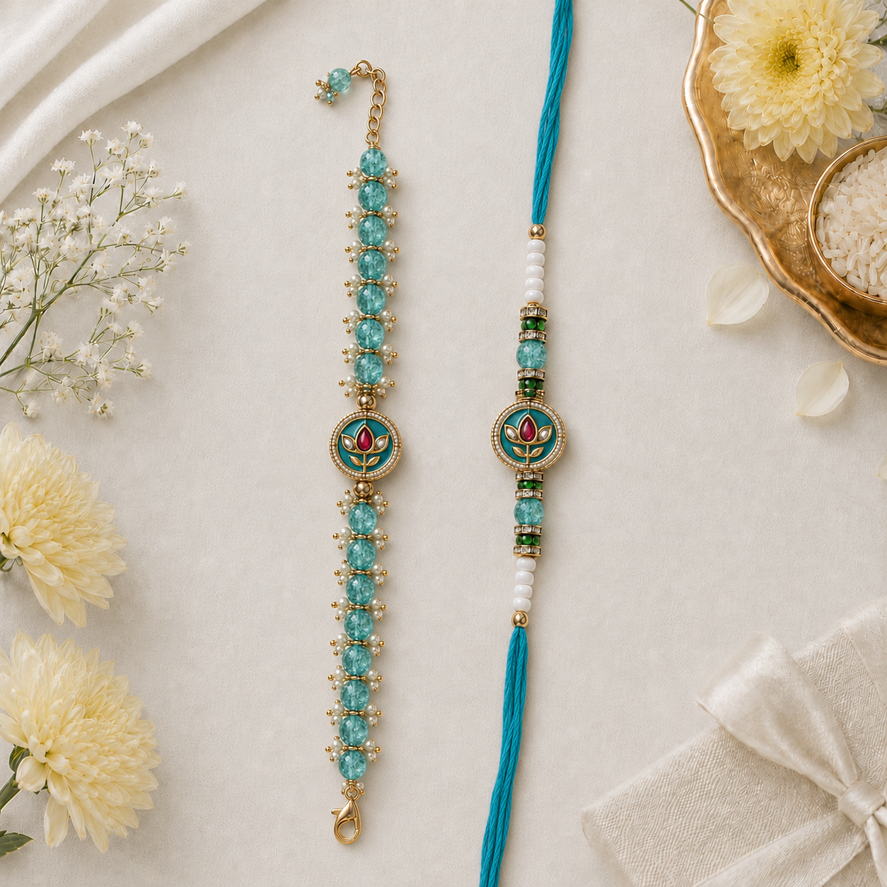 Teal Lotus Meenakari Rakhi & Crystal Bead Bracelet Set for Brother - image 3