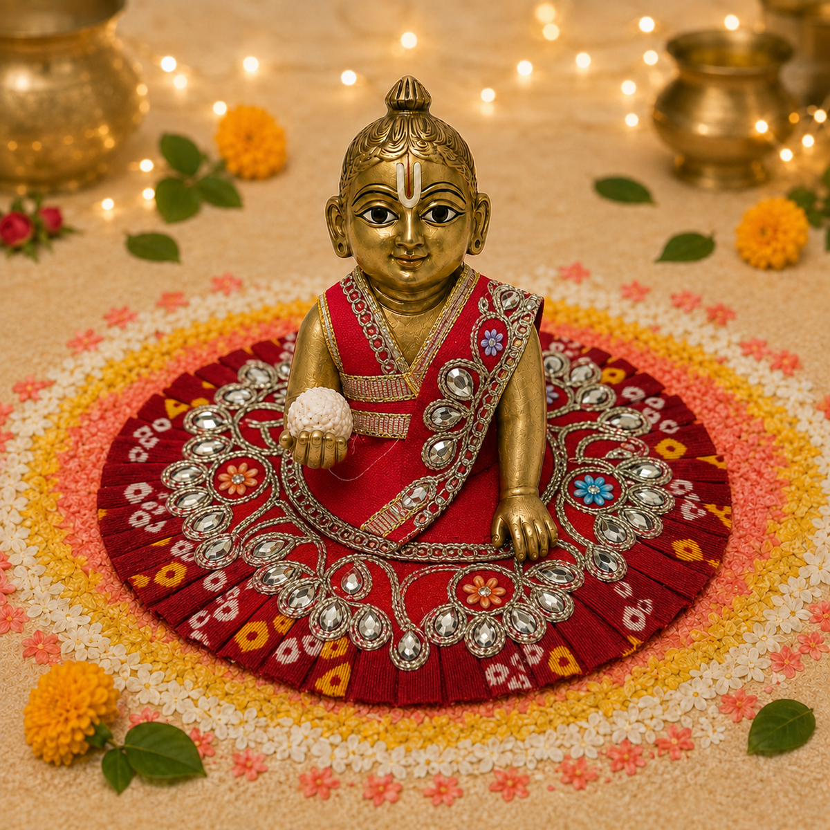Crimson Bandhani Mirror Laddu Gopal Poshak – Size 1 front view