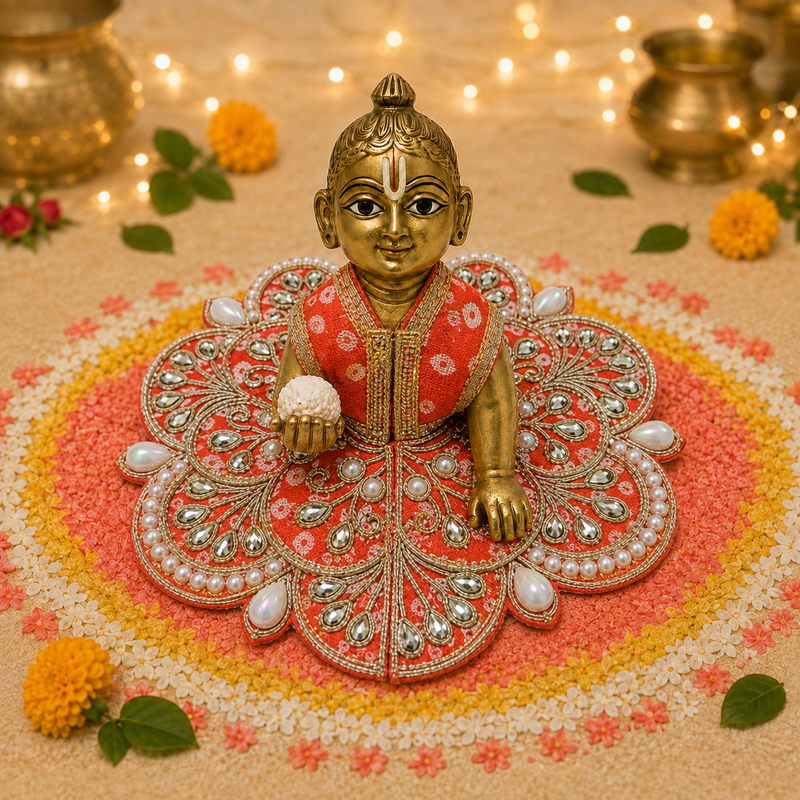 Coral Pearl Kundan Laddu Gopal Poshak – Size 1 front view