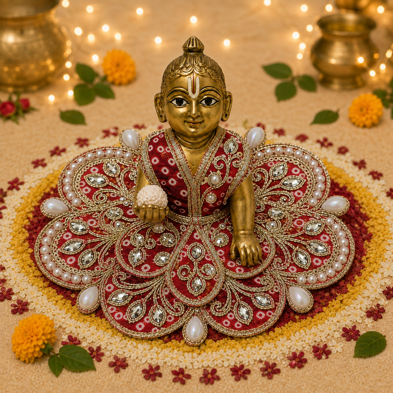 Rakta Pearl Kundan Laddu Gopal Poshak – Size 1 front view