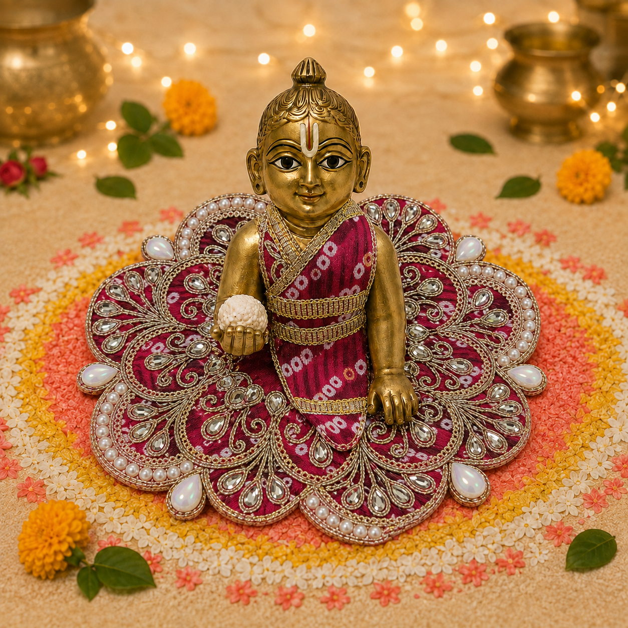 Gulabi Pearl Kundan Laddu Gopal Poshak – Size 1 front view