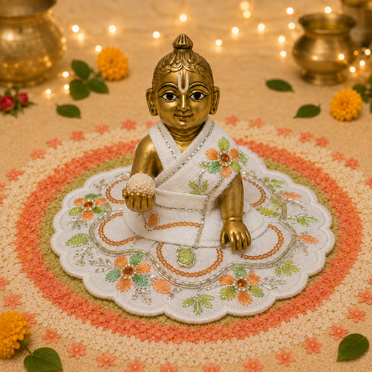 Ivory Peach Floral Laddu Gopal Poshak – Size 1 front view