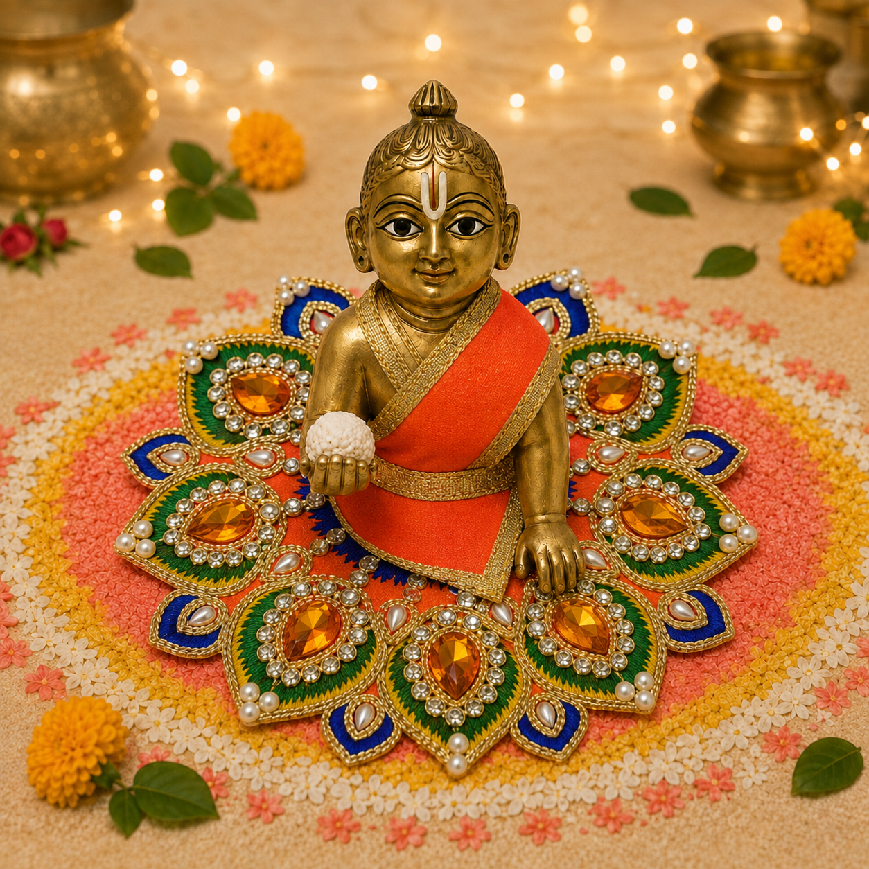 Kesari Emerald Peacock Crystal Laddu Gopal Poshak – Size 2 front view