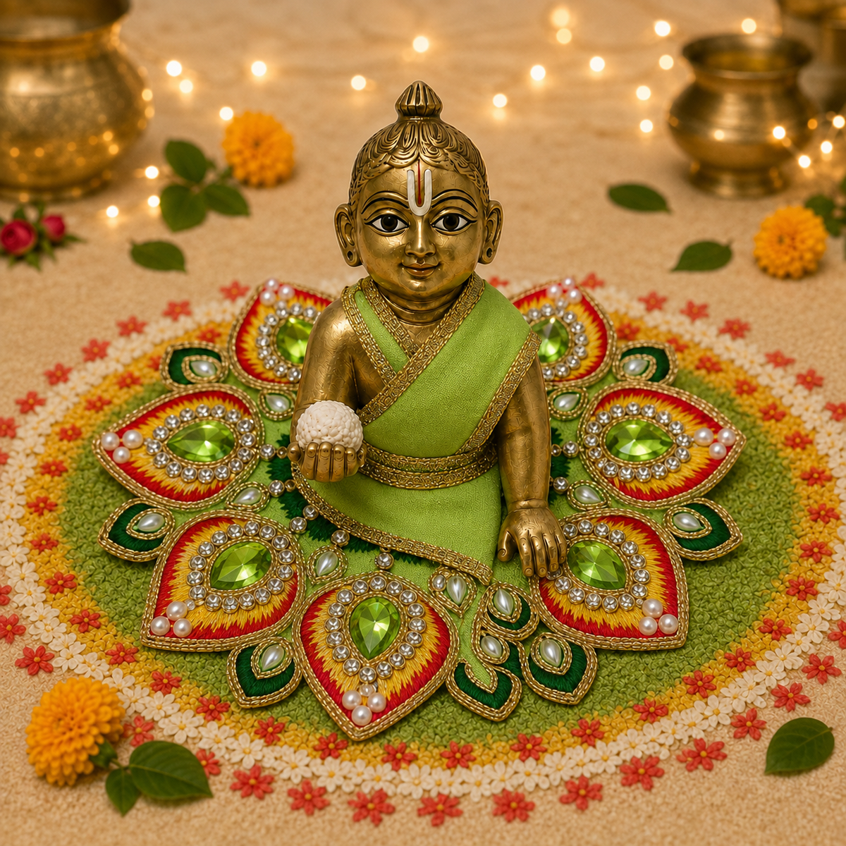 Blush Neel Peacock Crystal Laddu Gopal Poshak – Size 2 front view