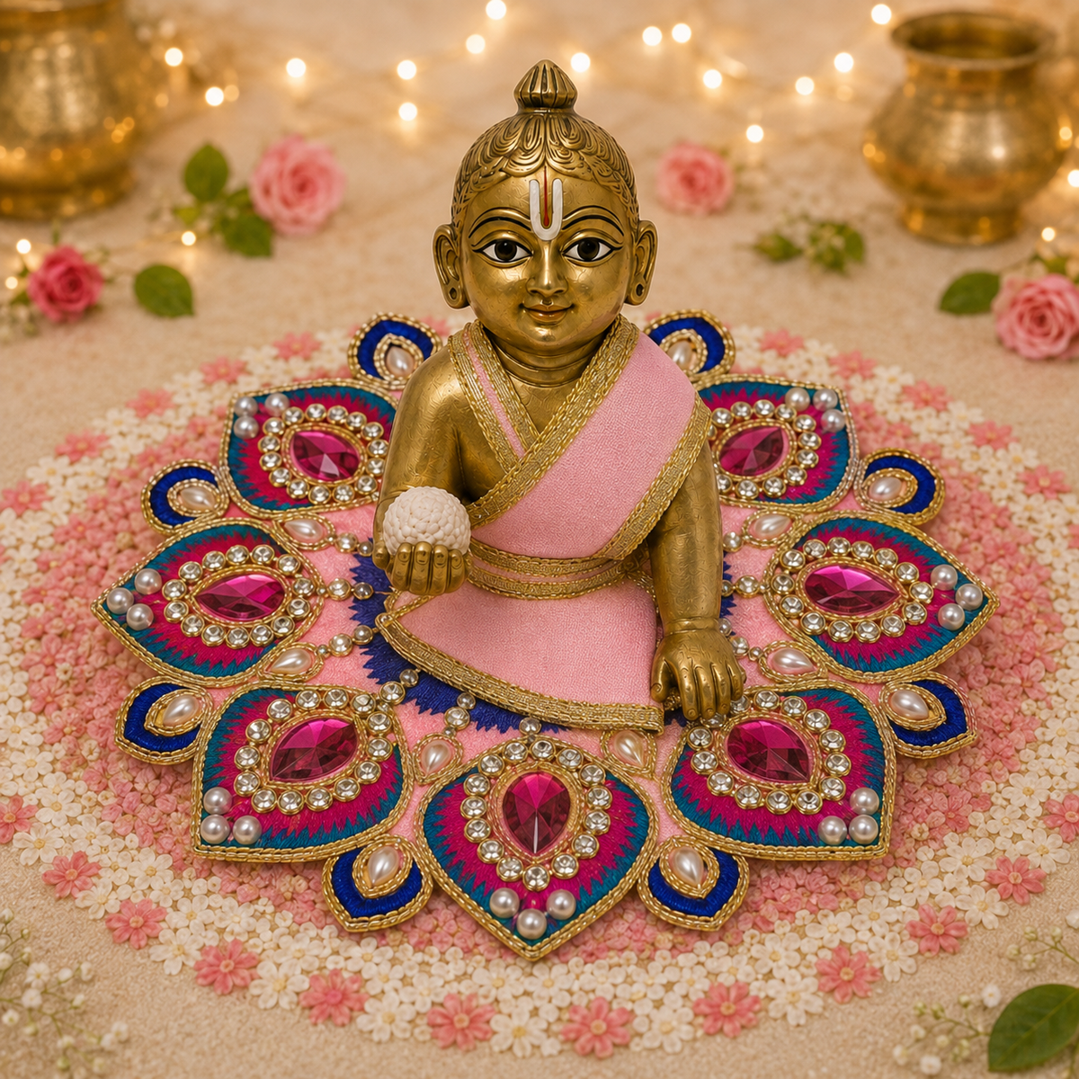 Pista Rakta Peacock Crystal Laddu Gopal Poshak – Size 2 front view