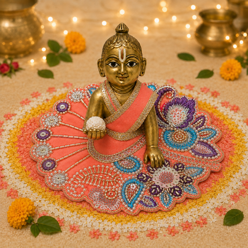 Coral Neel Floral Zardozi Laddu Gopal Poshak – Size 2 front view