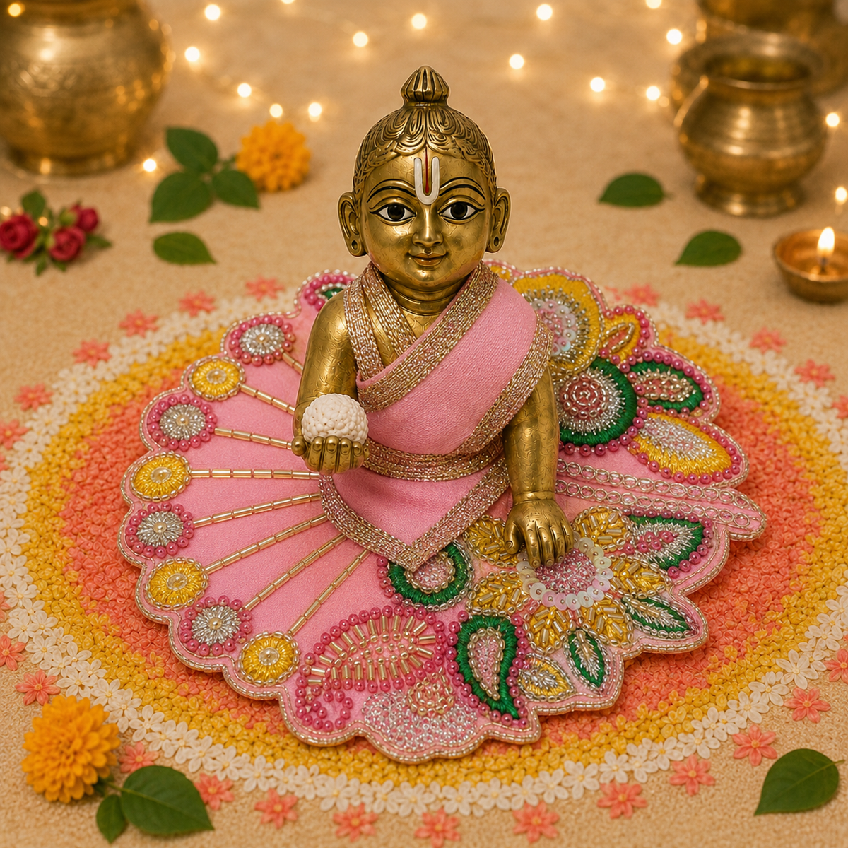 Blush Emerald Floral Zardozi Laddu Gopal Poshak – Size 2 front view
