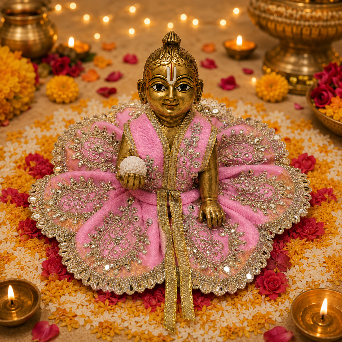 Gulabi Silver Petal Laddu Gopal Poshak – Size 2 front view