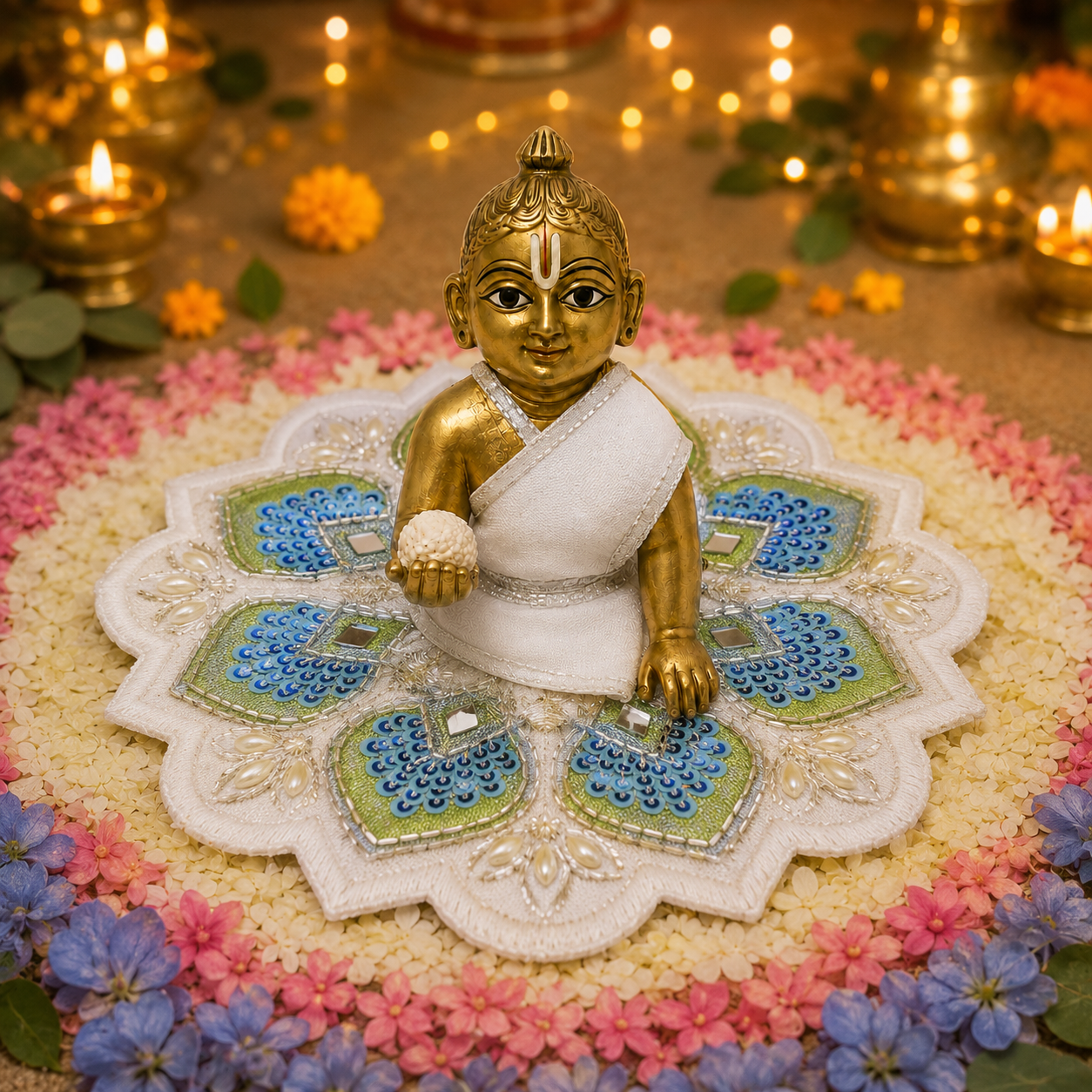 Neel Mint Peacock Pearl Laddu Gopal Poshak – Size 3, view 1