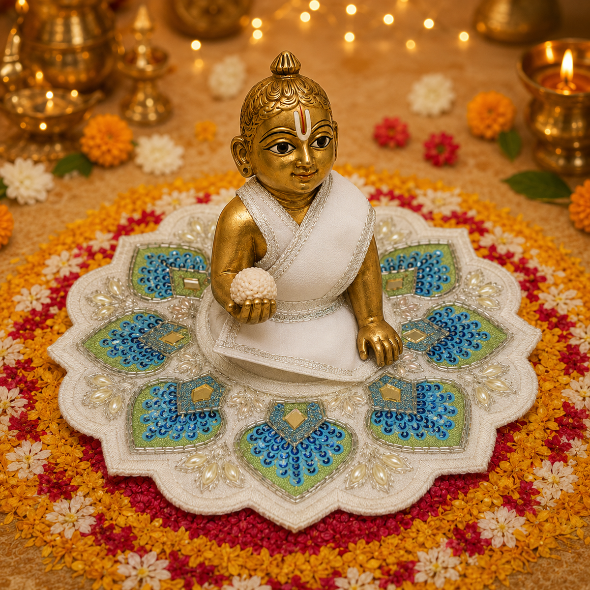 Neel Mint Peacock Pearl Laddu Gopal Poshak – Size 3, view 2