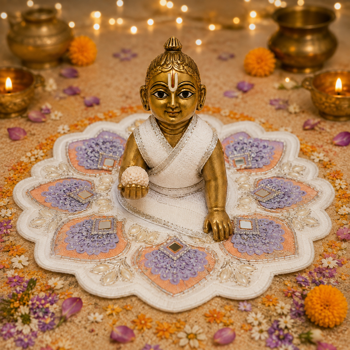Lavender Peach Peacock Pearl Laddu Gopal Poshak – Size 3, view 1