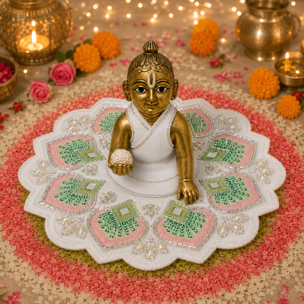 Mint Blush Peacock Pearl Laddu Gopal Poshak – Size 3, view 1