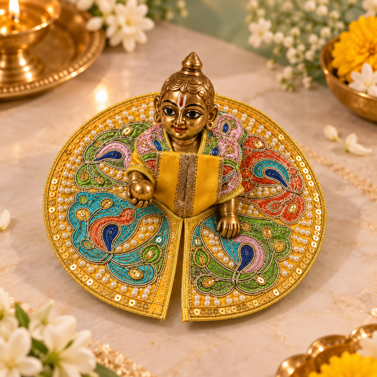 Kesari Multicolour Peacock Pearl Size 0 Laddu Gopal Poshak angled view