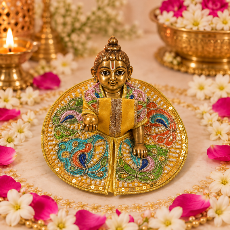 Kesari Multicolour Peacock Pearl Size 0 Laddu Gopal Poshak front view