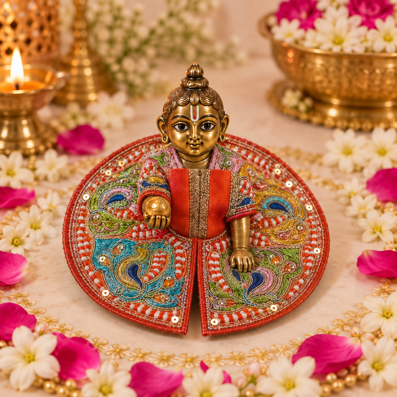 Narangi Multicolour Peacock Pearl Size 0 Laddu Gopal Poshak front view