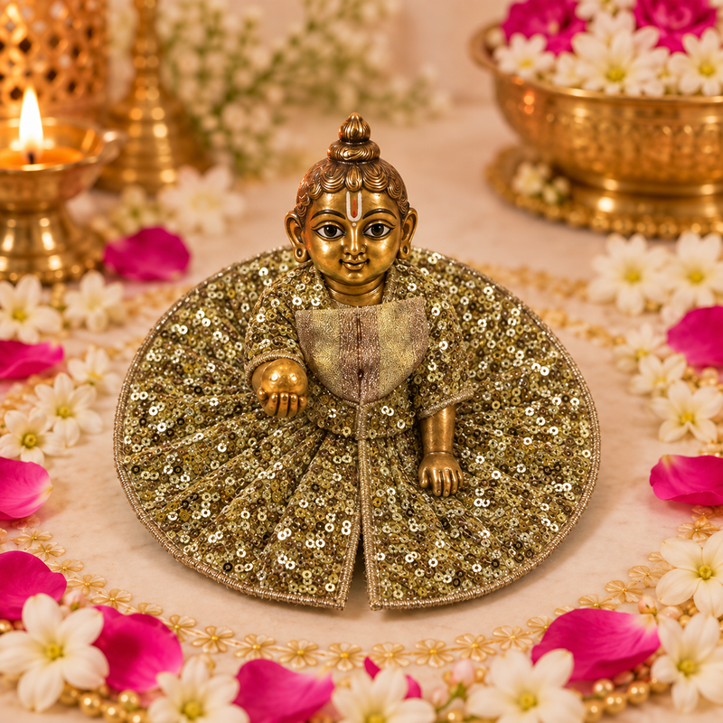 Antique Gold Sequin Size 0 Laddu Gopal Poshak front view