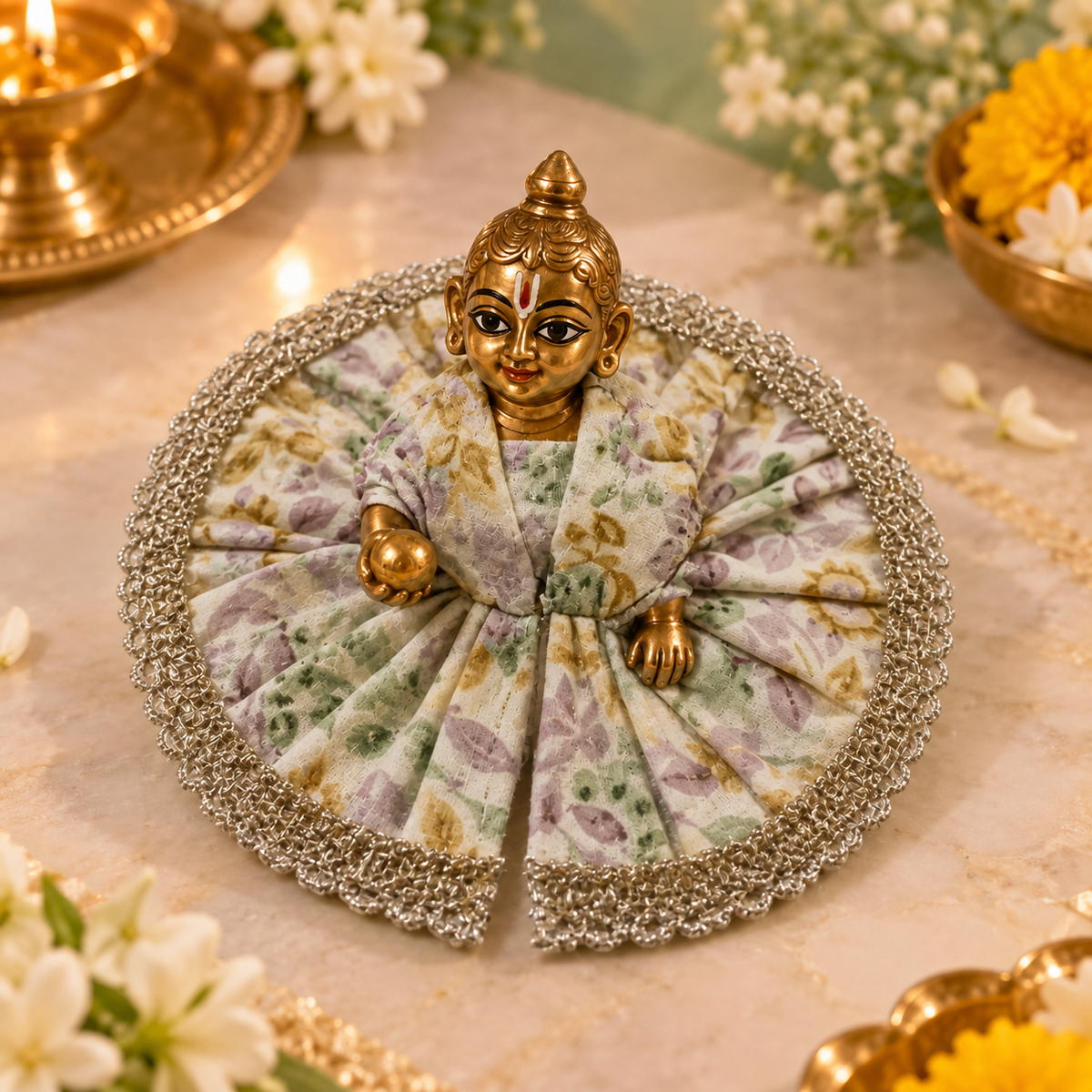 Ivory Botanical Silver Lace Size 0 Laddu Gopal Poshak angled view
