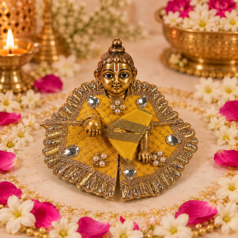 Mustard Mirror Pearl Ruffle Size 0 Laddu Gopal Poshak front view