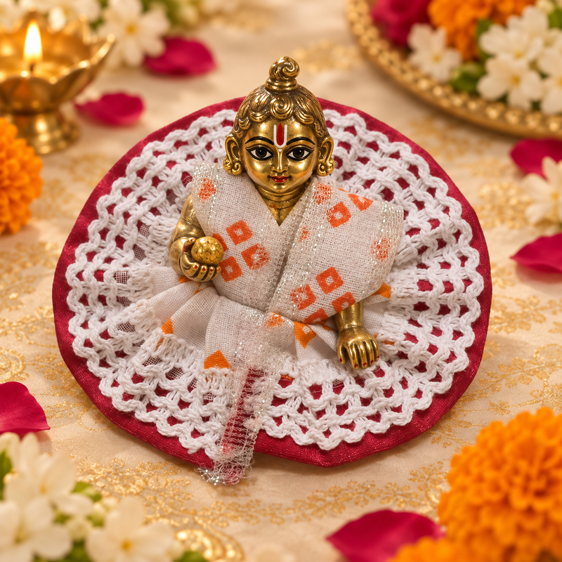 Maroon Orange Crochet Halo Laddu Gopal Poshak – Size 0 front view