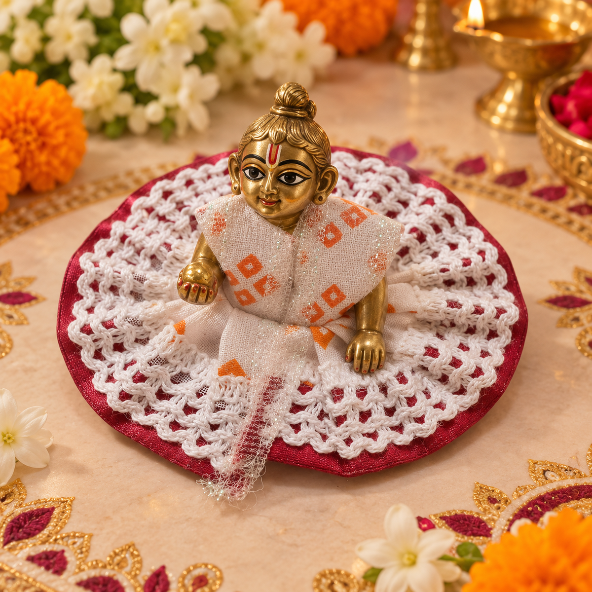 Maroon Orange Crochet Halo Laddu Gopal Poshak – Size 0 angled view