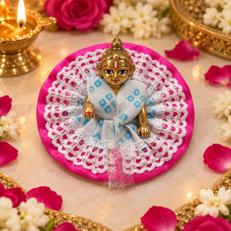 Rani Pink Blue Crochet Halo Laddu Gopal Poshak – Size 0 front view