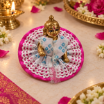 Rani Pink Blue Crochet Halo Laddu Gopal Poshak – Size 0 angled view