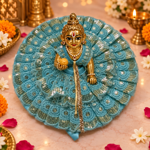Aqua Chikankari Pearl Lace Laddu Gopal Poshak – Size 5 – front view