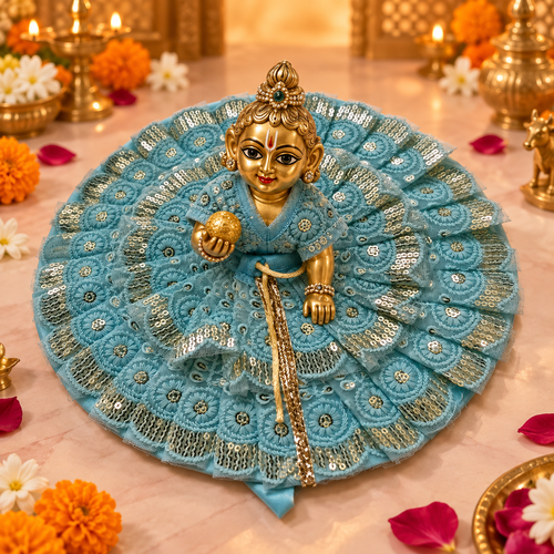 Aqua Chikankari Pearl Lace Laddu Gopal Poshak – Size 5 – three-quarter view