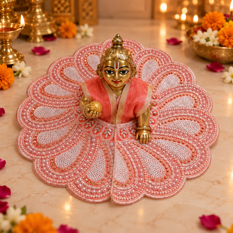 Coral Pearl Paisley Lace Laddu Gopal Poshak – Size 5 – front view