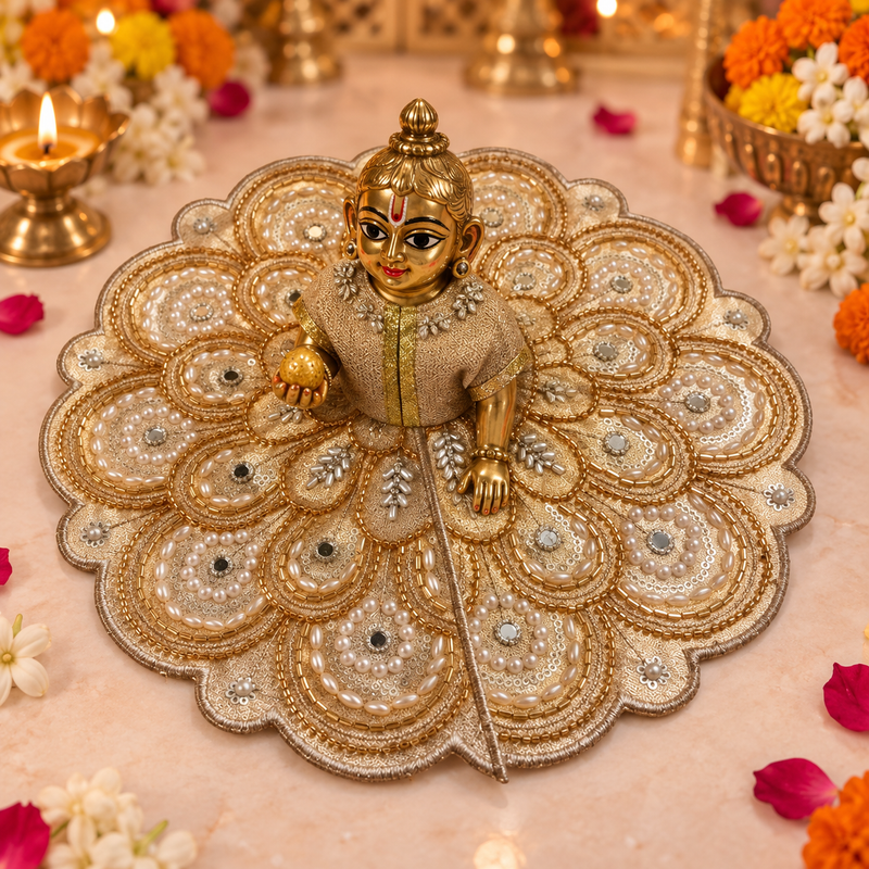 Gold Pearl Floral Lace Laddu Gopal Poshak – Size 5 – three-quarter view