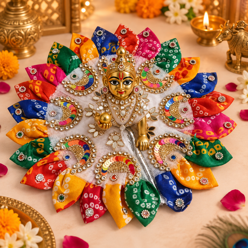 Multicolour Bandhani Petal Kundan Laddu Gopal Poshak – Size 5 – front view