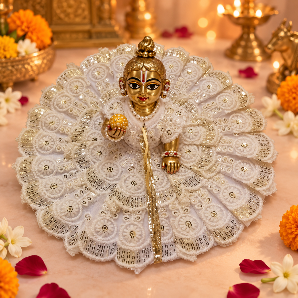 Ivory Chikankari Pearl Lace Laddu Gopal Poshak – Size 5 – corrected matching view