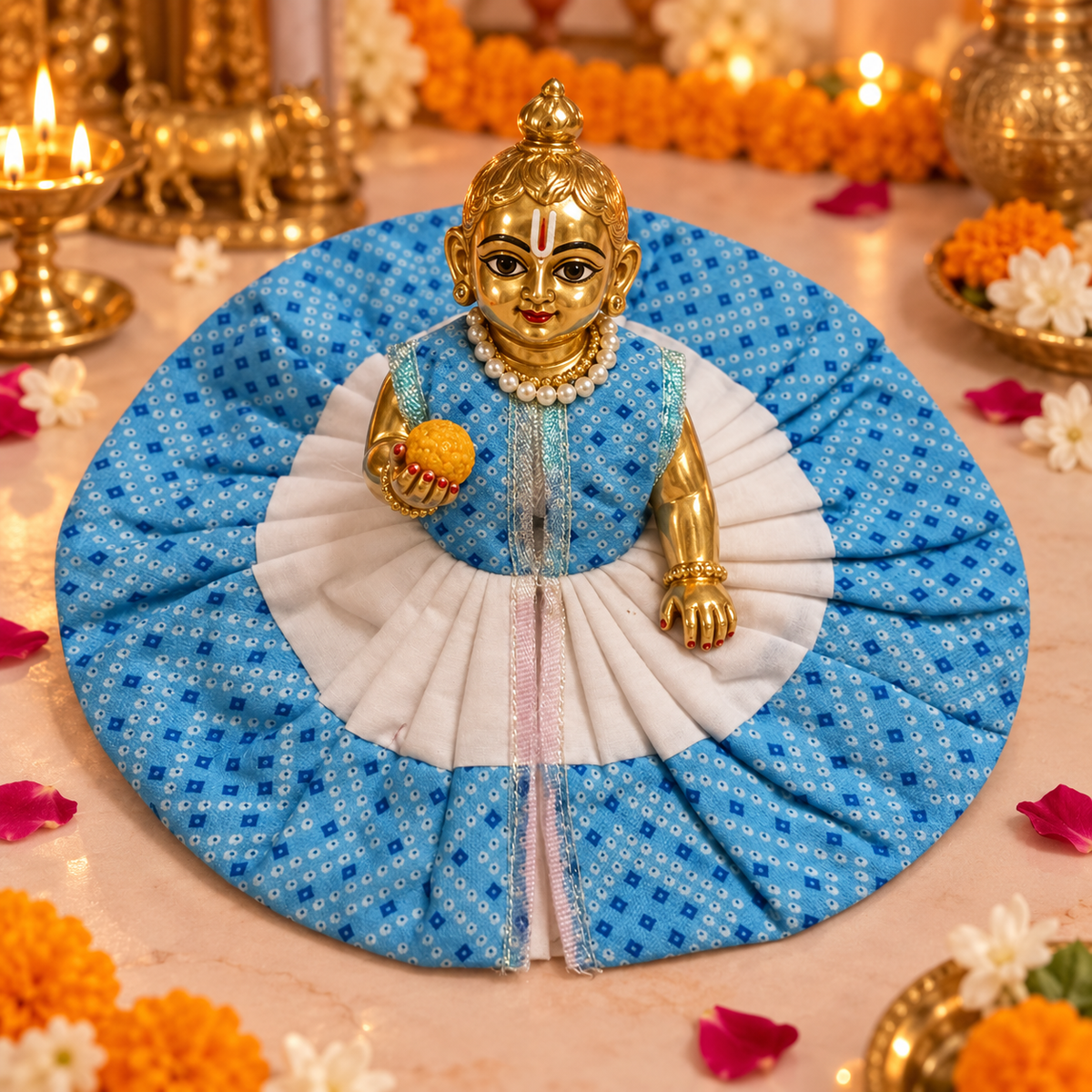 Blue Bandhani White Pleated Laddu Gopal Poshak – Size 5 – corrected matching view
