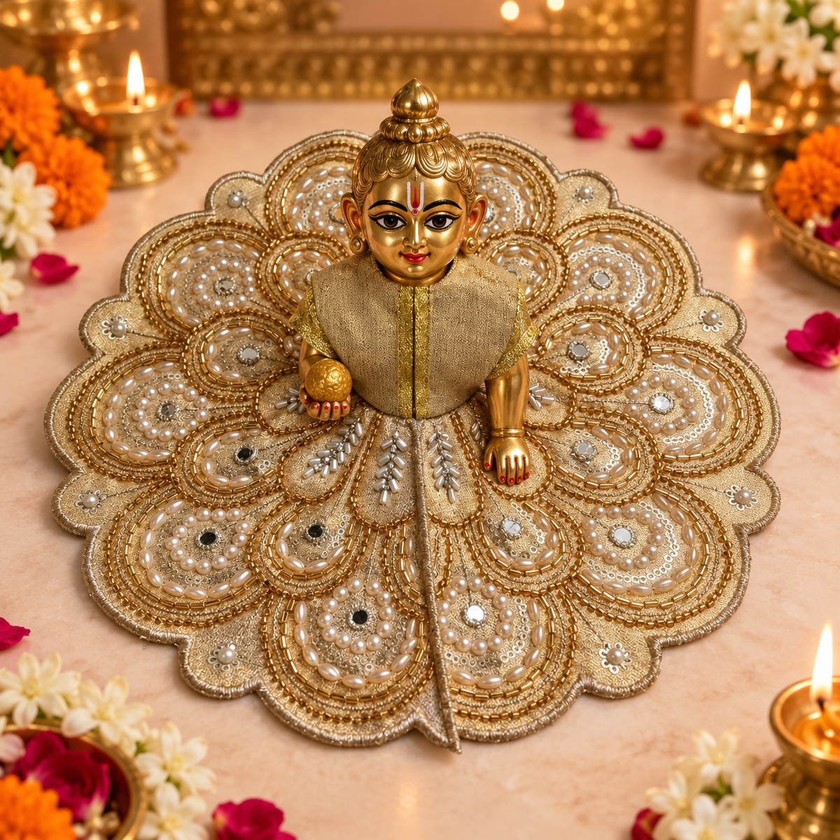 Gold Pearl Floral Lace Laddu Gopal Poshak – Size 5 – corrected matching view