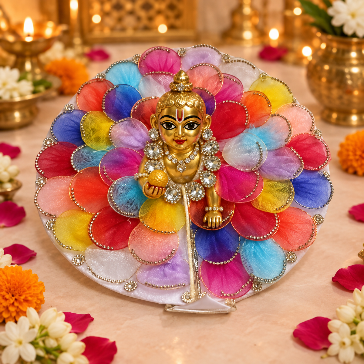 Multicolour Petal Crystal Laddu Gopal Poshak – Size 5 – corrected matching view