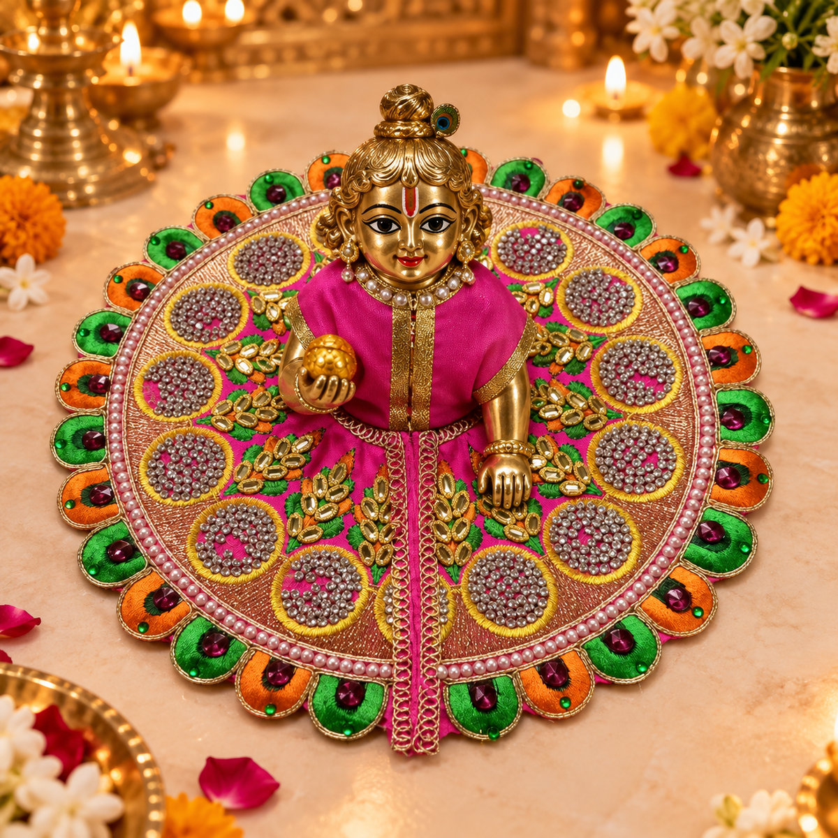 Magenta Multicolour Peacock Kundan Laddu Gopal Poshak – Size 5 – corrected matching view