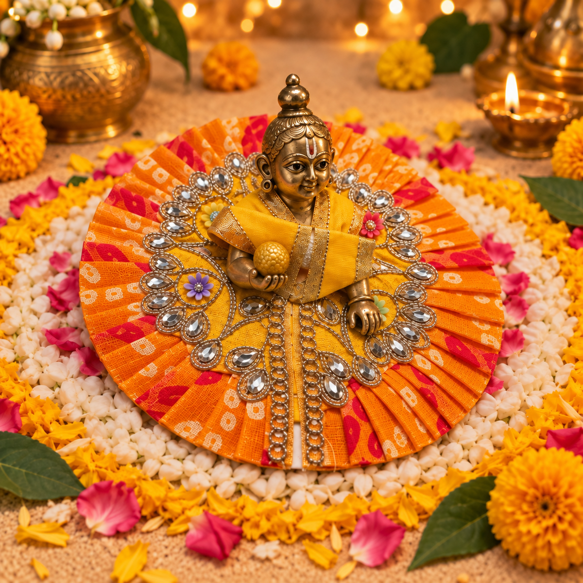 Kesari Blue Mirror Floral Gota Laddu Gopal Poshak – Size 3 – Three-Quarter View