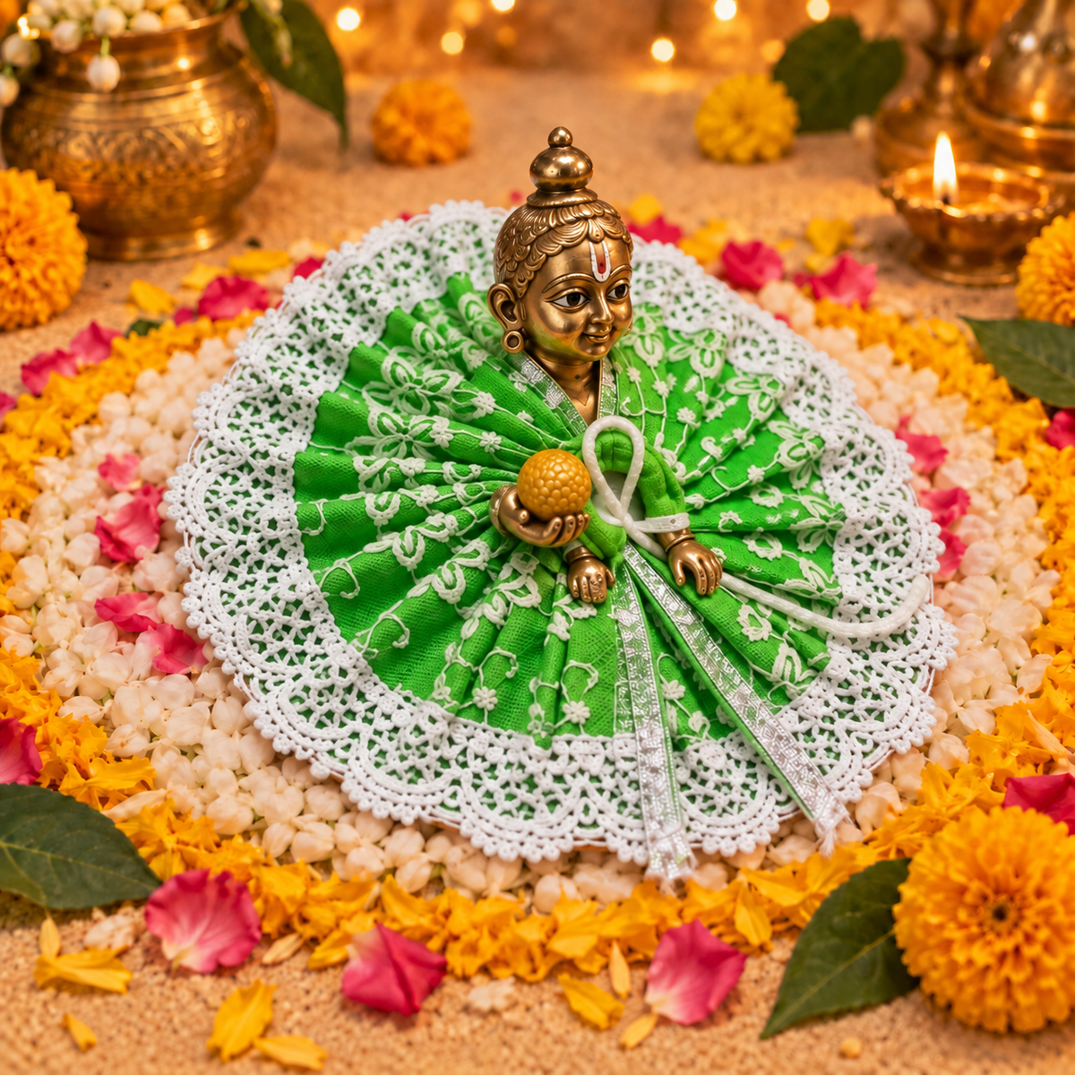 Hariyali White Pearl Lace Laddu Gopal Poshak – Size 3 – Three-Quarter View