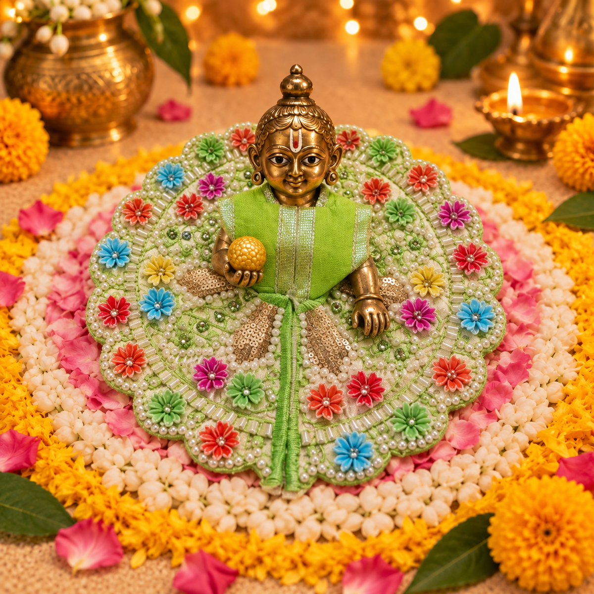 Hariyali Multicolour Floral Pearl Laddu Gopal Poshak – Size 3 – Front View