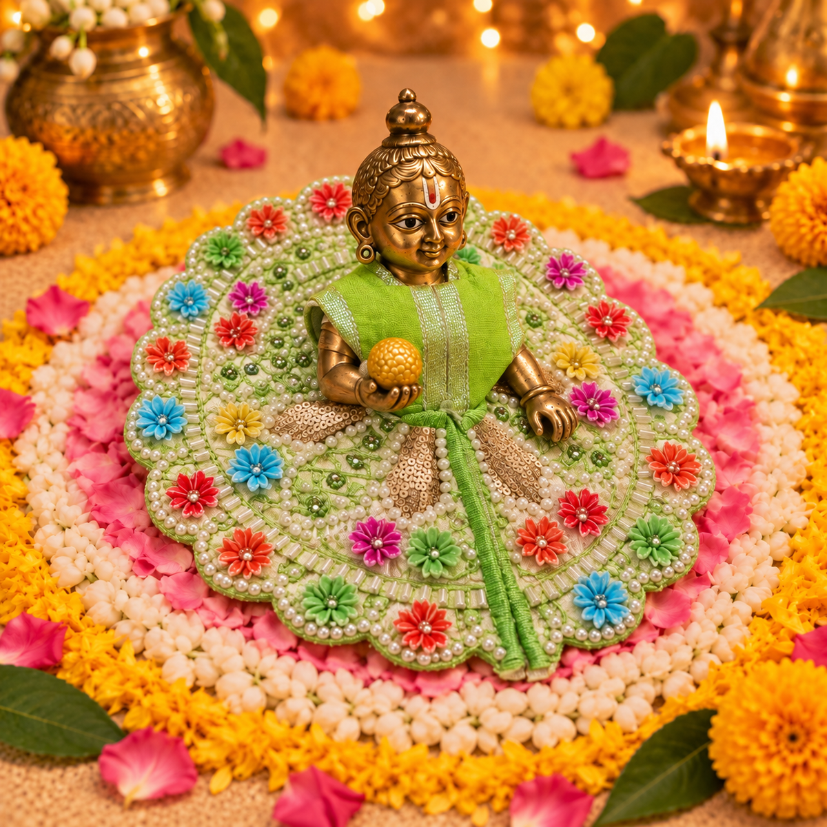 Hariyali Multicolour Floral Pearl Laddu Gopal Poshak – Size 3 – Three-Quarter View