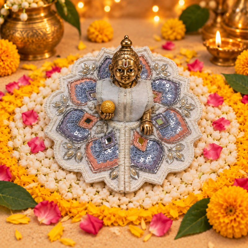 Powder Blue Silver Floral Mirror Laddu Gopal Poshak – Size 3 – Front View