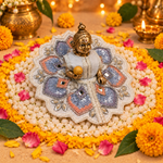 Powder Blue Silver Floral Mirror Laddu Gopal Poshak – Size 3 – Three-Quarter View